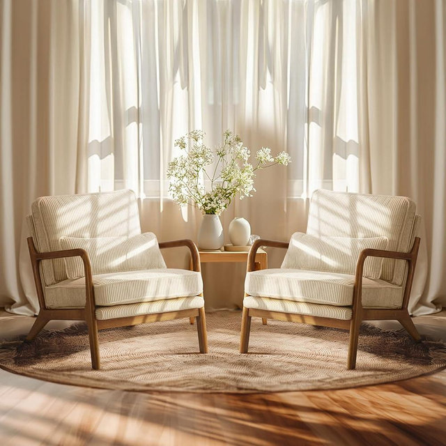 VINGLI Upgraded Premium Corduroy Accent Chairs Set of 2,Upholstered Arm Chair,Solid Wood Comfy Reading Chair with Lumbar Pillow, Mid Century Modern Chairs for Living Room,Bedroom,Beige