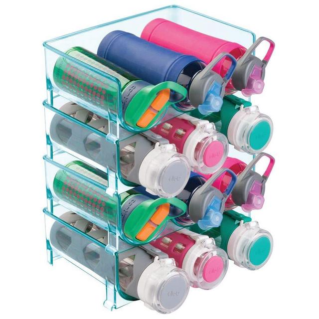 mDesign Modern Plastic Stackable Vertical Standing Water Bottle Holder Stand - Storage Organizer for Kitchen Countertops, Pantry, Fridge - Each Rack Holds 3 Containers, 4 Pack - Sea Blue