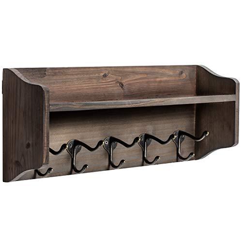 Coat Hooks with Shelf Wall-Mounted, Rustic Wood Entryway Shelf with 5 Vintage Metal Hooks, Farmhouse Mounted Coat Rack and Upper Shelf for Storage, Perfect for Your Entryway, Kitchen, Bathroom