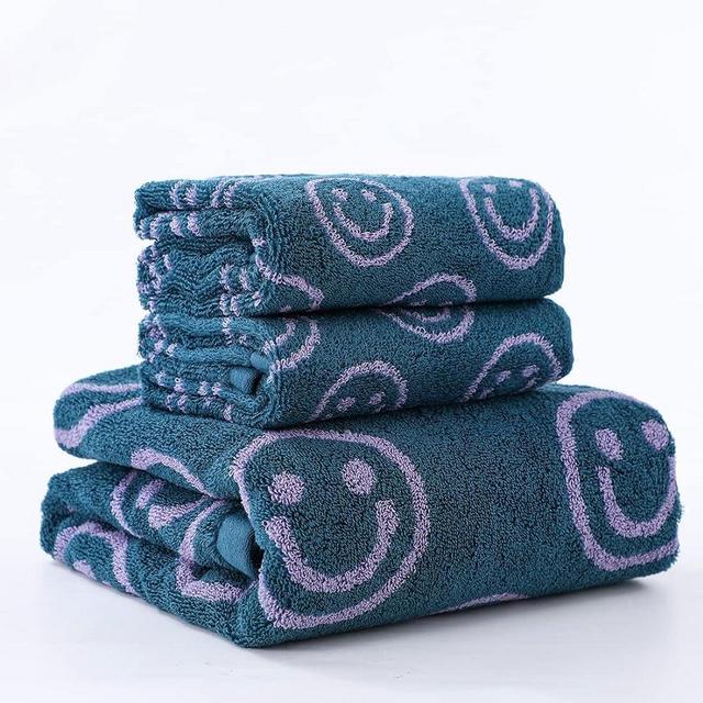 IDORESPELL Luxury Cute Smiley Face Purple Green Bath Towel Sets for Bathroom, 1 Bath Towels 2 Hand Towels Washcloths 100% Cotton Ultra Soft Highly Absorbent for Women Kids Girl Boy Face Body