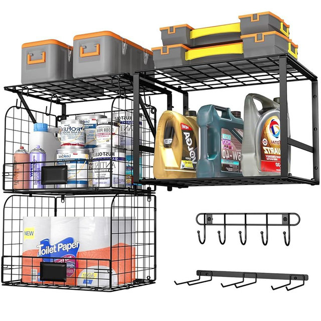 ThreeHio Garage Shelf Wall Mounted with Wire baskets, Heavy Duty Garage Wall Shelving with Garden Tool Rack and Hooks, Wire Shelf Baskets Tool Organizer for Home Garden Garage Organization and Storage