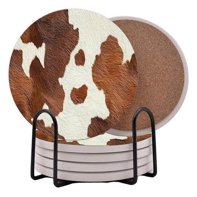 Cow Print Brown White Country Farm Round Coasters Set of 6 - Abosrbent Ceramic with Metal Stand for Drinks, Coffee, Non-Slip Cork Back (Brown)
