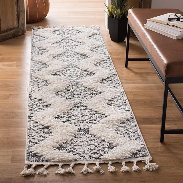 SAFAVIEH Moroccan Tassel Shag Collection 2'3" x 6' Ivory/Grey MTS652F Boho Non-Shedding Living Room Bedroom Dining Room Entryway Plush 2-inch Thick Runner Rug