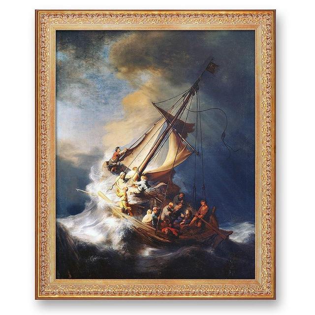 The Storm on the Sea of Galilee by Rembrandt van Rijn Framed Size:34.5 x 28.5 inches,Image Size:30x24 inches,Vintage Pattern Gold Frame The World Classic Art Reproductions, Wall Art for Home Décor