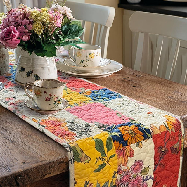 ART Pinecone Quilted Cotton Patchwork Floral Table Runner – Reversible Vintage Farmhouse Table Runner, 13" x 74" for Dining Table, Coffee Table & Buffet