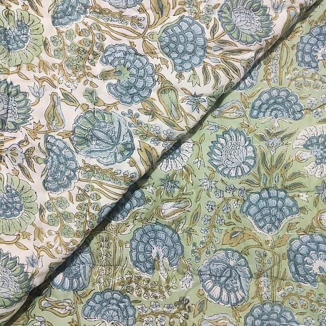 Ridhi Block Print Quilted Asparagus Green Reversible Throw Blanket 100% Cotton Quilt, Cover for Couch and Bed, Sage Lap Bedding Coverlet, Luxury Oversized Quilted Throw Queen 90" x 96"