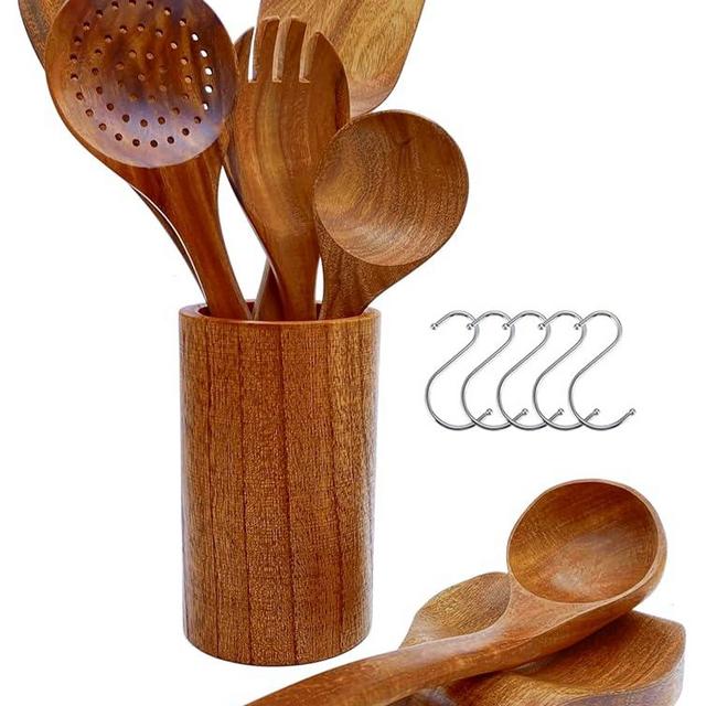 VAN EVERLY Kitchen Utensils Set For Cooking - Complete 13pcs Wooden Spoons For Cooking - Comes With Holder And Hangers. Nonstick, Natural And BPA Free :)
