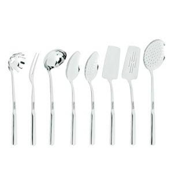 Viking Kitchen Utensils Set, 8 Piece Stainless Steel Cooking Utensil Set, Includes Spatulas, Spoons, Pasta Fork, Deep Ladle, Meat Fork, and Skimmer, Silver