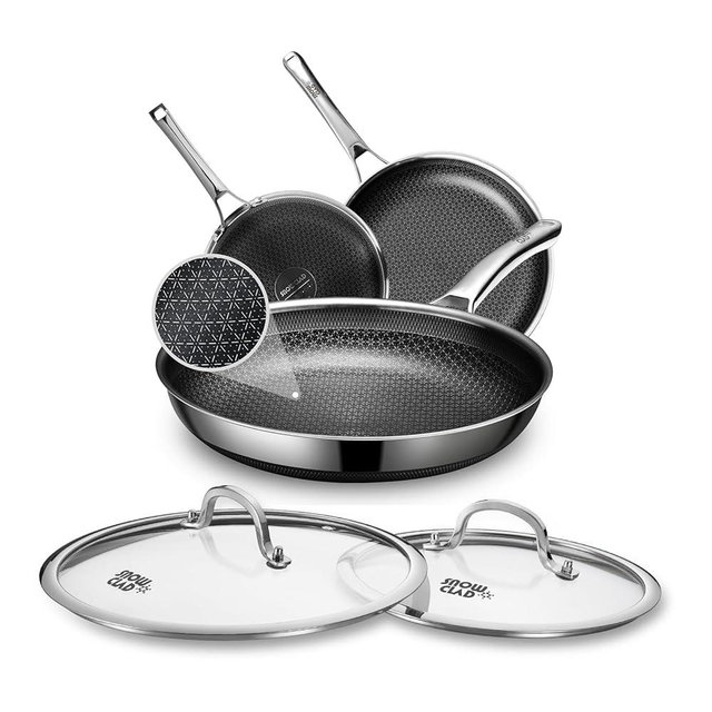 SNOWCLAD Hybrid Pans Set Nonstick with 2Lid, 8&10&12 Inch Nonstick Frying Pans Set, Dishwasher Induction Oven Broiler Safe Stainless Steel Skillet, PFOA Free Kitchen Cookware set