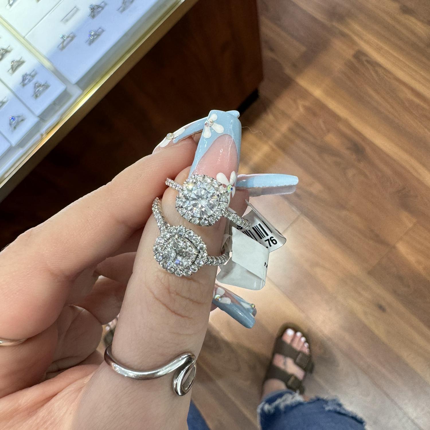April 2024: First time ring shopping. Trying on so many sparkly ones and dreaming big!