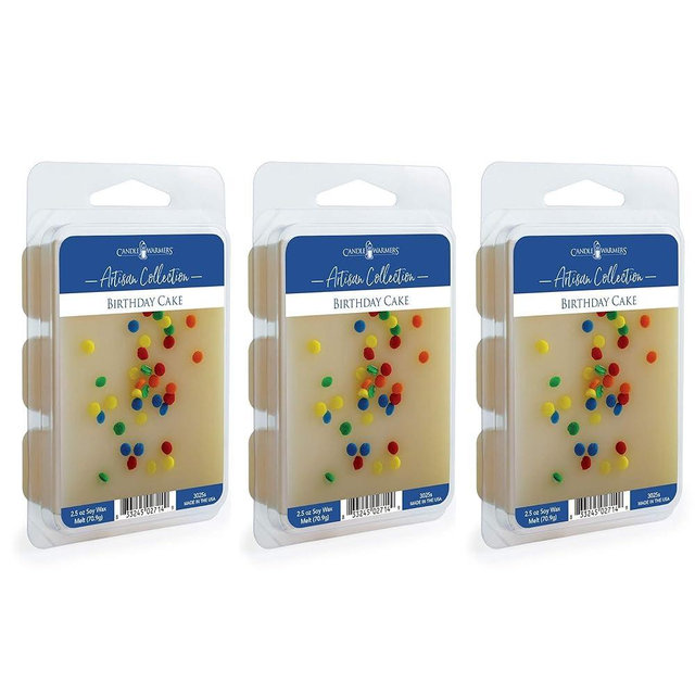 3 Pack CANDLE WARMERS ETC 2.5 oz Artisan Wax Fragrance Melts | 100% Soy with Hand-Applied Decorative Elements, Birthday Cake