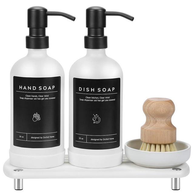 [Luxury] Kitchen Soap Dispenser Set - 16OZ White Glass Bottle, Stainless Steel Pump, Instant Dry Tray, Waterproof Labels, Non-Slip Silicone Pad, and Dish Brush | Upgrade for Your Kitchen and Bathroom