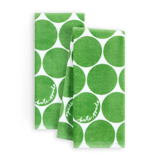 Kate Spade New York Joy Dot Kitchen Towels 2-Pack Set, Absorbent 100% Cotton Velour, Green/Cream, 17"x28"