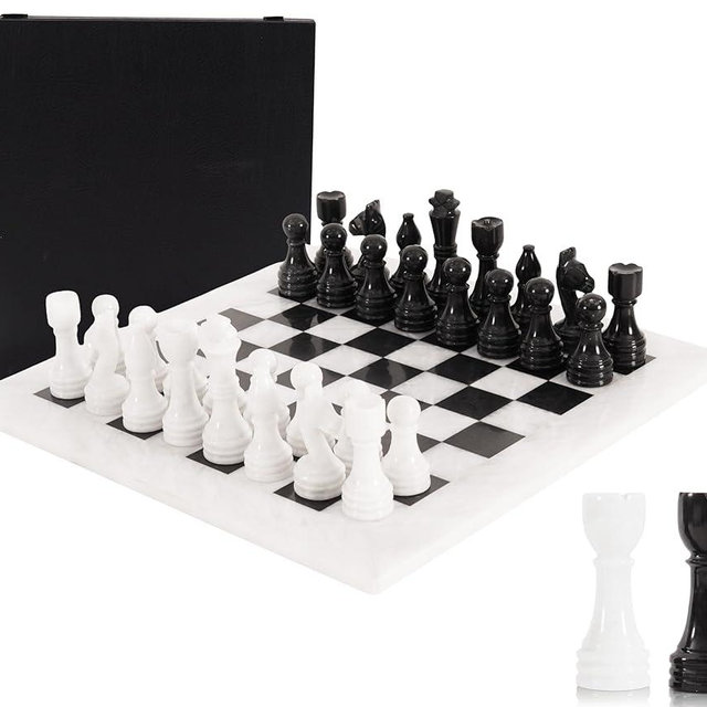 Marble Chess Set for Adults 15" Handmade White & Black Board Game with 32 Chess Pieces, 2 Extra Queens & Storage Box, Luxury Travel Game – Elegant Home Décor