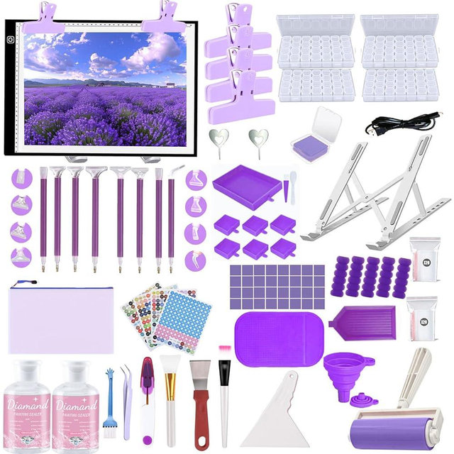 DNSGOOR 244Pcs All Inclusive Diamond Art Accessories Kit Diamond Painting A3 LED Light Pad Set with Diamond Art Sealer Glue Stand Storage Case Pens 5D Painting Tools for DIY Drill Craft