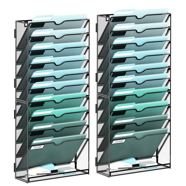 SUPEASY 11-Tier Wall File Organizer, Hanging Wall Files for Papers, Folders, Magazines, Wall Organizer for Clipboard, Assembly Needed, Black, 2 Pack
