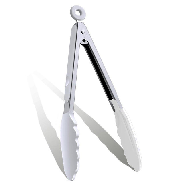 9 Inch Kitchen Tongs, Cooking Tongs with Silicone Tips and Stainless Steel Handle, Non Stick Heat Resistant Tongs for Cooking, Buffet, Salad Serving (9", White)