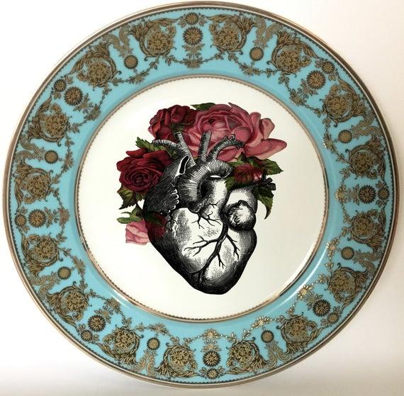 LIMITED EDITION - Aqua Raised Gold Anatomical Heart Plate, Several Sizes Available.