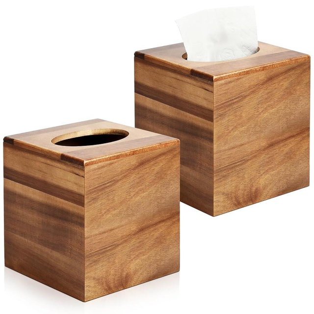 2 Pack Wooden Tissue Box Cover Bulk Square - Acacia Wood Tissue Box Holder for Tabletop Stands Bathroom Office- Decorative Facial Wood Tissue Box Cover for Modern Farmhouse Decor