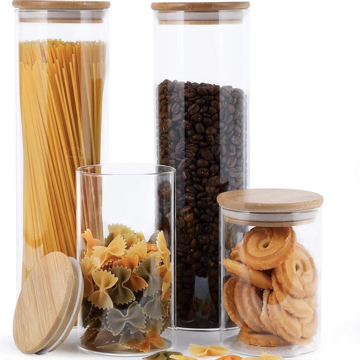Focus Line Glass Food Storage Canisters Set of 4, High Borosilicate Glass Jars with Airtight Bamboo Lid, Kitchen Canisters For Coffee, Flour, Sugar, Candy, Cookies Jars