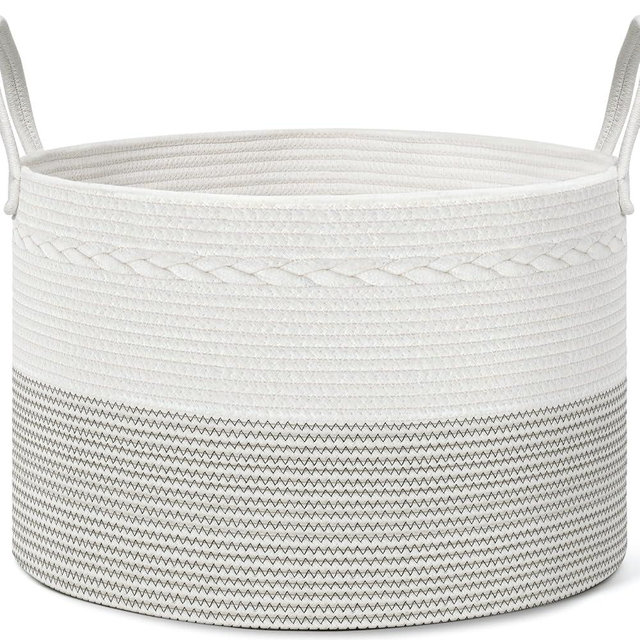 Noonkty Blanket Basket Living Room Toy Storage Basket, 21.7" X 21.7" X 13.8" XXL Cotton Rope Basket, Woven Laundry Basket with Handles, Large Baskets for Storage Nursery Hamper