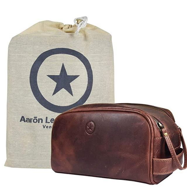 10" Premium Leather Toiletry Travel Pouch With Waterproof Lining | King-Size Handcrafted Vintage Dopp - Kit By Aaron Leather Goods (Dark Brown)