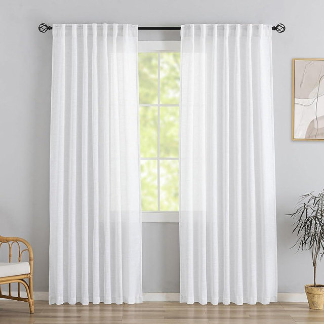 DONREN White Linen Back Tab Curtains 90 Inches Long 2 Panels for Bedroom,Modern Farmhouse Hooks Belt Pleated Semi Privacy Drapes Shabby Chic Light Filtering Window Curtains W72 x L90