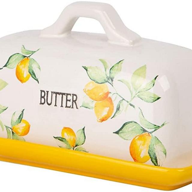 MosJos Butter Dish with Lid for Countertop - Yellow Stoneware Butter Holder for Fridge, Kitchen & Garden - East West Coast Butter Dish with Handle for Farmhouse & Vintage Style Homes