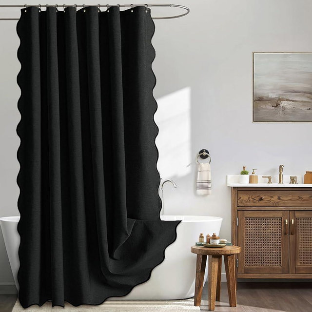 MIULEE 84" Long Scalloped Shower Curtain Linen Textured with 12 Metal Hooks Cute Extra Long Heavy Duty Washable Waterproof Cloth Halloween Shower Curtains with Black Border for Bathroom Hotel,Black