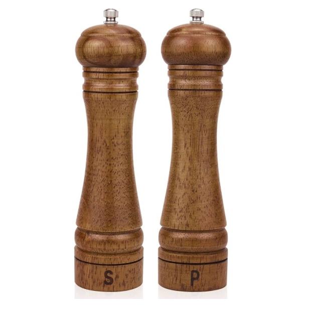 Wood Salt and Pepper Grinder Set, Salt Mill Pepper Grinder Set, Pepper Mill, Salt Shakers with Adjustable Ceramic Rotor- Oak Wood Pepper Grinder for Your Kitchen 8 inches - Pack of 2