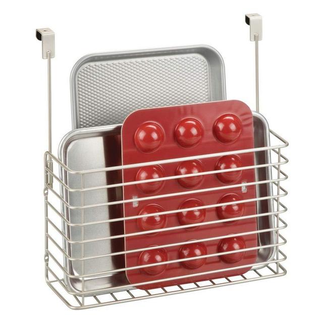 mDesign Metal Over Cabinet Kitchen Storage Organizer Holder or Basket - Hang Over Cabinet Doors in Kitchen/Pantry - Holds Bakeware, Cookbook, Cleaning Supplies - Satin
