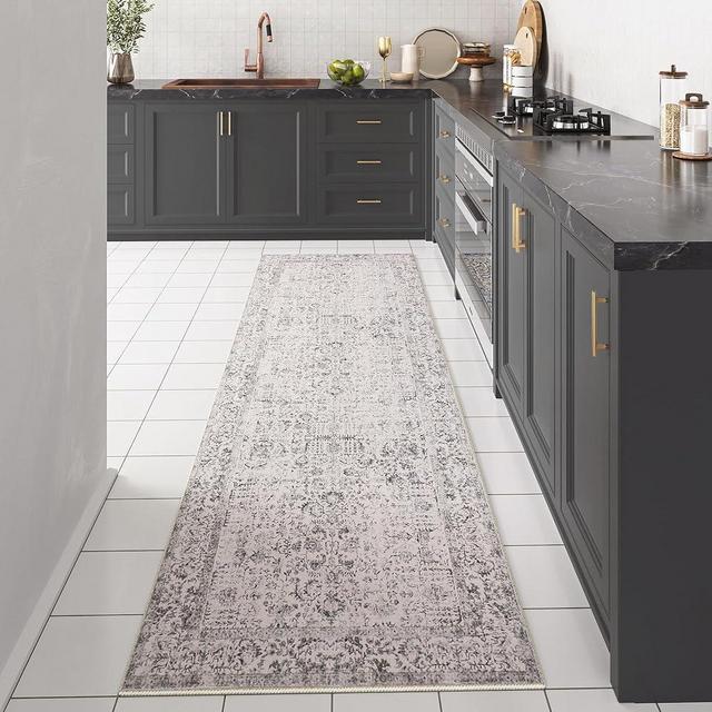 PureCozy Grey Runner Rug 2x12 Indoor Vintage Area Rug Hallway Kitchen Bedroom Rug Washable Living Room Carpet Retro Floral Accent Throw Rug Distressed Floor Rug for Office Dining Room Bathroom