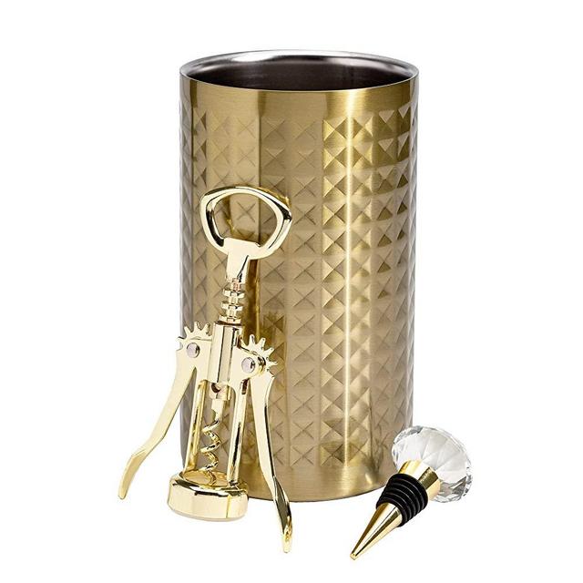 Paris Hilton Wine Bottle Chiller Set, Insulated Double Wall Chiller, Gold Winged Corkscrew Wine Bottle Opener, Diamond Wine Stopper, 3-Piece Set, Gold