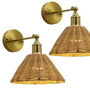 Wireless Battery Powered Wall Sconce, Gold Rattan Bohemian Dimmable Wall Sconce, Indoor Lighting with Remote Control for Bedroom, Living Room, Hallway, Coffee Shop (2 Pack)