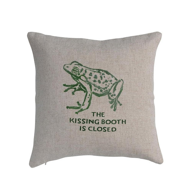 Creative Co-Op 16" Square Linen Blend Frog and The Kissing Booth is Closed Text Prints and French Knots, Natural and Green Pillow
