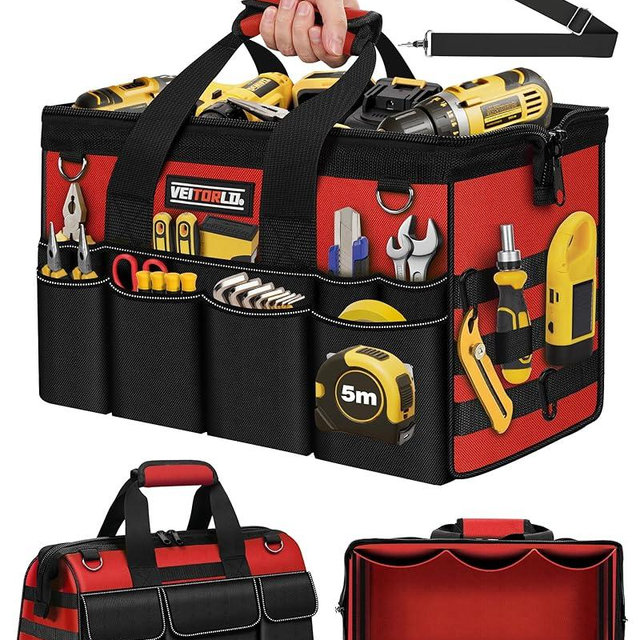 16-Inch Heavy Duty Tool Bag, 19-Pockets Tool Box Organizer, Portable Toolbag W/Soft Handle for Organized Storage, Mechanic Gifts for Men Dad Husband Fathers Day, Wide Mouth Electrician Toolbox, Red