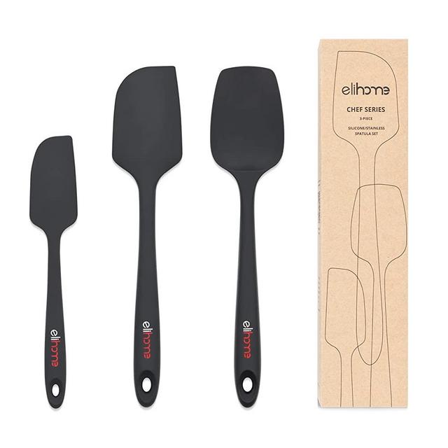 Elihome Chef Series 3 Piece Silicone Spatula Set - 600°F Heat Resistant Non Stick Rubber Kitchen Scraper Spatulas for Cooking, Baking, Mixing – BPA Free and LFGB Certified Silicone(Black)