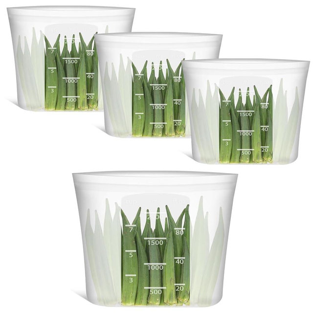 Reusable Food Storage Bags Half-Gallon, 4 Pack 100% Silicone Food Storage Bags Stand-Up Wide-Mouth Zip-Lock for Large Items, 67 fl.oz/2000 ml, Freezer Microwave Oven Dishwasher Safe, Translucent