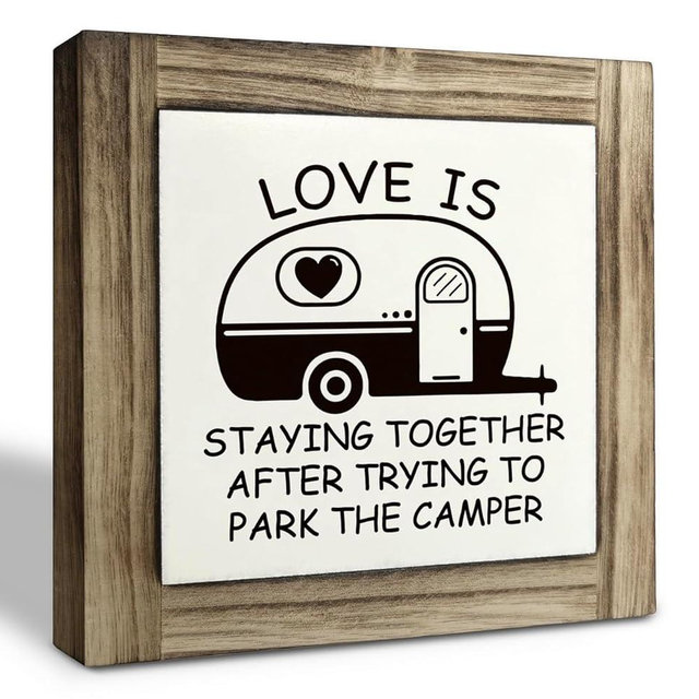 Camping Decor for Camper Wooden Sign, Funny Camper Signs, Camping Decor Plaque, Happy Camper Wall Decor for RV Home Farmhouse Desk Shelf
