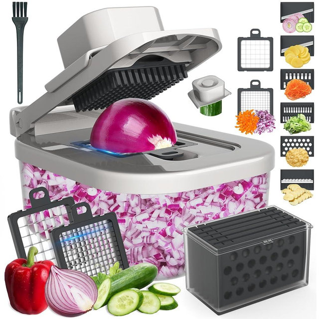 Sienfix 11-in-1 Mandoline Slicer for Kitchen, Food Chopper with Container, Vegetable Dicer Onion Slicer, Veggie Cutter for Fruit Salad Kitchen Gadgets Essential Tools (Grey)