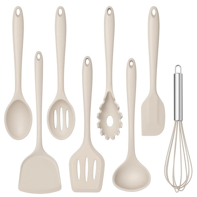 TeamFar 8 PCS Silicone Cooking Utensils - 446°F Heat Resistant Kitchen Silicon Utensils Set, Turner, Spatula, Spoon, Whisk, Kitchen Cooking Gadgets Tools for Nonstick Cookware, Dishwasher Safe-Khaki