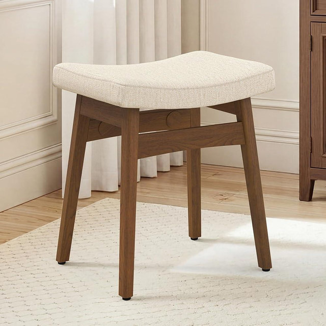 LUE BONA Vanity Saddle Stool with Wood Legs, 17.3" H Compact Makeup Stool with Sick Upholstery, Vanity Bench for Bedroom, Entryway & Bathroom, 300 lb Weight Capacity