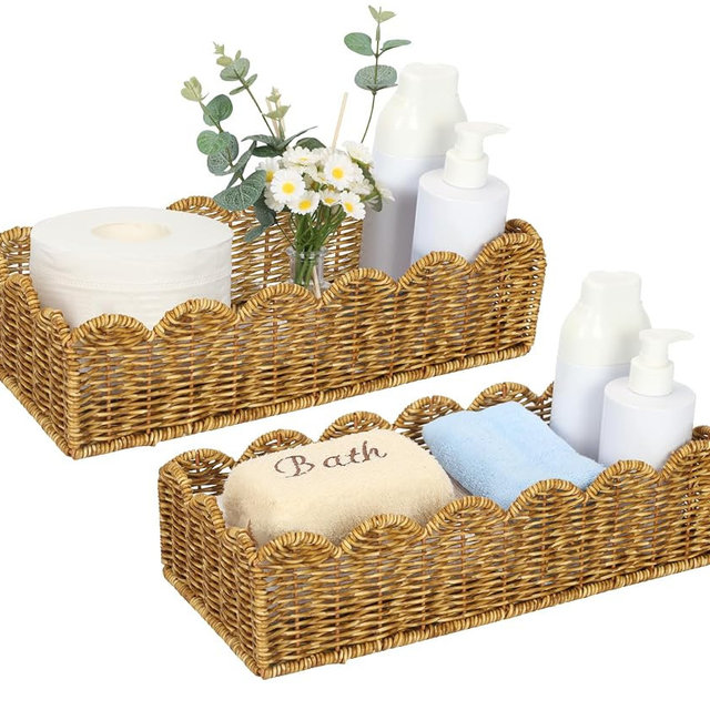 UPINFREE Toilet Paper Basket 2-Pack, Resin Wicker Scalloped Bathroom Organizer - Water Resistant & Easy Clean Handmade for Tank Top & Counter