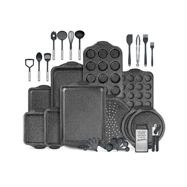 Emporio Kitchen Baking Pan Set - Nonstick Coating, Carbon Steel Bakeware Set with Gray Silicone Handles, PFOA, PFOS, PTFE Free, Recipe Booklet Included, Oven Safe Tray (Up To 450° F), Set of 25 - Gray