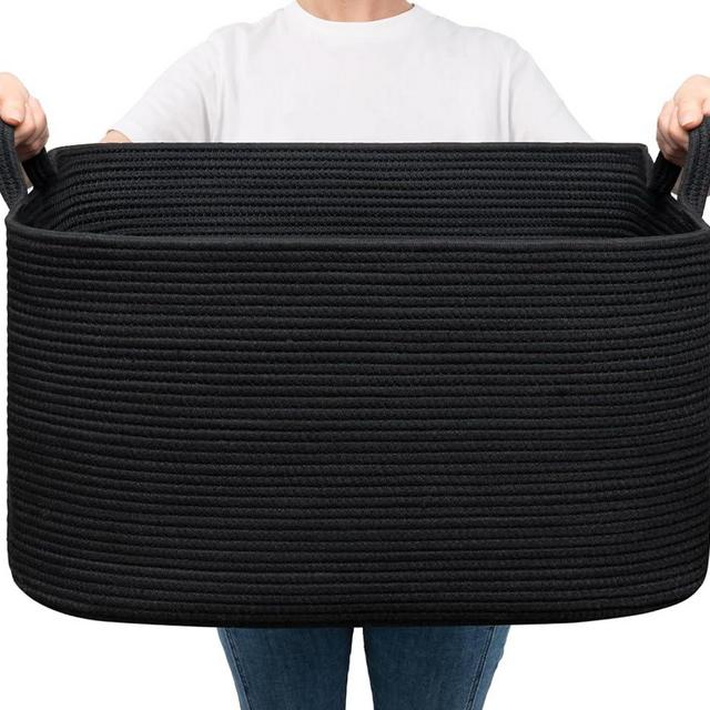 Goodpick Large Laundry Basket, Blanket Basket Living Room, Storage Basket for Toys, Towels, Woven Baskets for Storage, Rope Basket, Dirty Clothes Basket, Rectangle Basket, 21.6" x 14.9" x 11.8", Black
