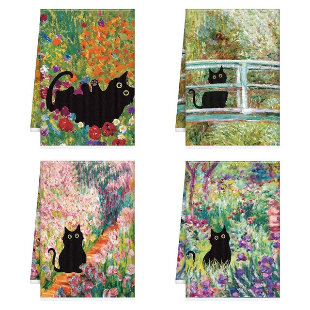 InIsaJace Black Cat Kitchen Towels, 4PCS Cat and Flower Dish Towels for Cooking Cleaning, Absorbent Aesthetic Decorative Tea Towel with Hanging Loop for Home Kitchen(16 X 24 Inches)