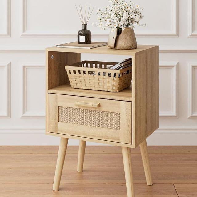 Aienvey Bedroom Nightstands Wooden Night Stands with Rattan Weaving Drawer Home Bedside End Table for Bedroom Storage (Mid-Century Modern)