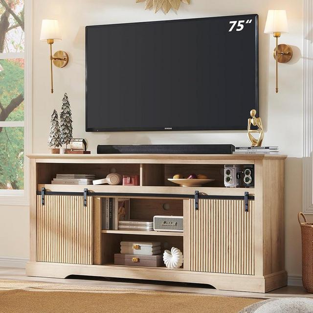 Aitjunz Fluted TV Stand for 75 Inch TVs, 32" Tall Modern Entertainment Center with Waveform Panel Sliding Door, Media Console Cabinet with Storage & Adjustable Shelf for Living Room, 66 inch (Natural)