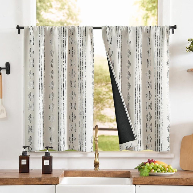 jinchan 95% Blackout Boho Kitchen Curtains 36 Inches Cafe Tier Curtains Bohemian Small Drapes for Bedroom RV Basement Half Window Room Darkening Thermal Insulated 2 Panels Black on Beige