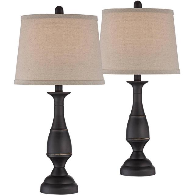 Lamps Plus Traditional Table Lamps 25" High Set of 2 Dark Bronze Metal Beige Linen Drum Shade for Living Room Family Bedroom Bedside